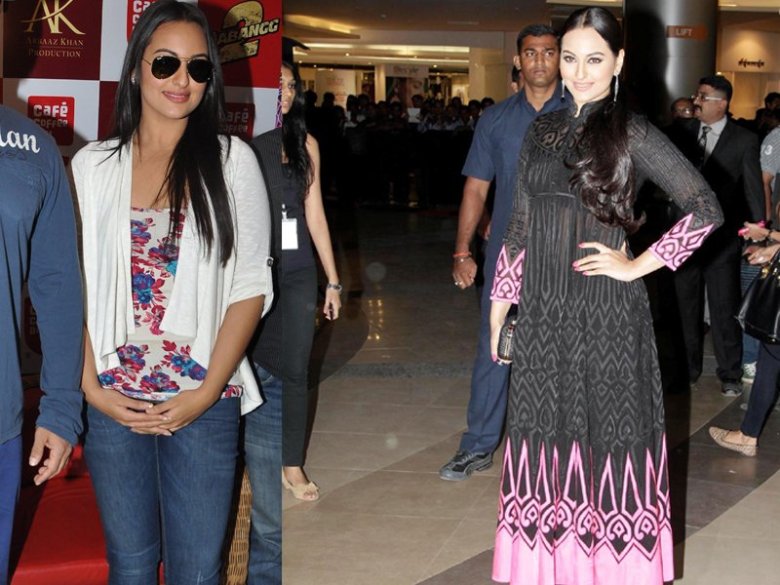 Sinha appears at Cafe Coffee Day’s launch in a casual avatar, but she opts for a classy look at premiere of Dabangg2.