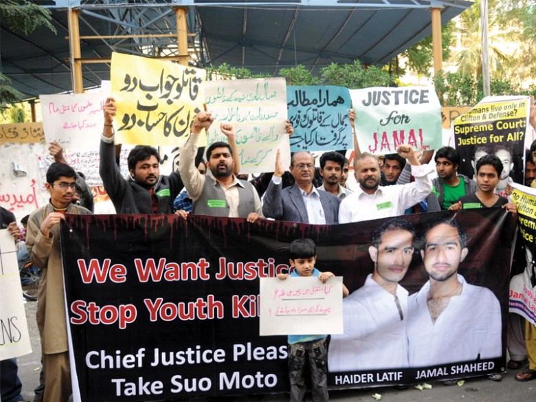 A protest was organised on Sunday outside the Karachi Press Club at which the friends and family of Haider and Jamal Qadri demanded that the perpetrators who attacked them be brought to justice. PHOTO: EXPRESS