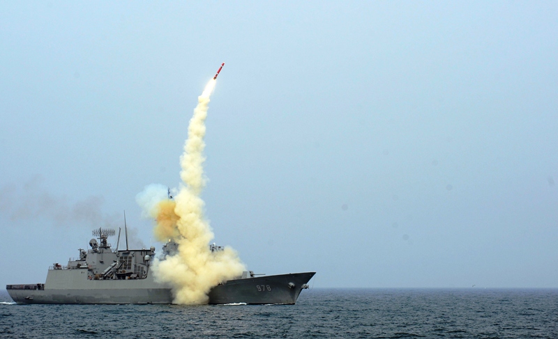 A South Korean naval ship launches an indigenous cruise missile during a drill at an undisclosed location. PHOTO: REUTERS