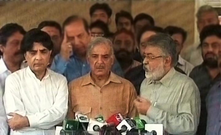 Shahbaz Sharif and Pir Pagara while talking to the media in Karachi. PHOTO: EXPRESS