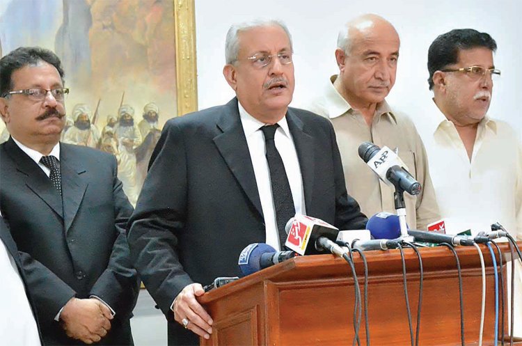 Senator Raza Rabbani addressing the media after meeting Chief Minister Balochistan Dr Malik Baloch. PHOTO: APP