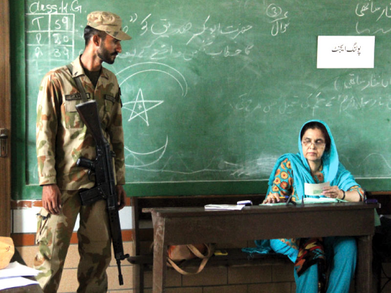 An army soldier stands guard as a presiding officer in NA-254 Korangi. PHOTO: AYESHA MIR/EXPRESS