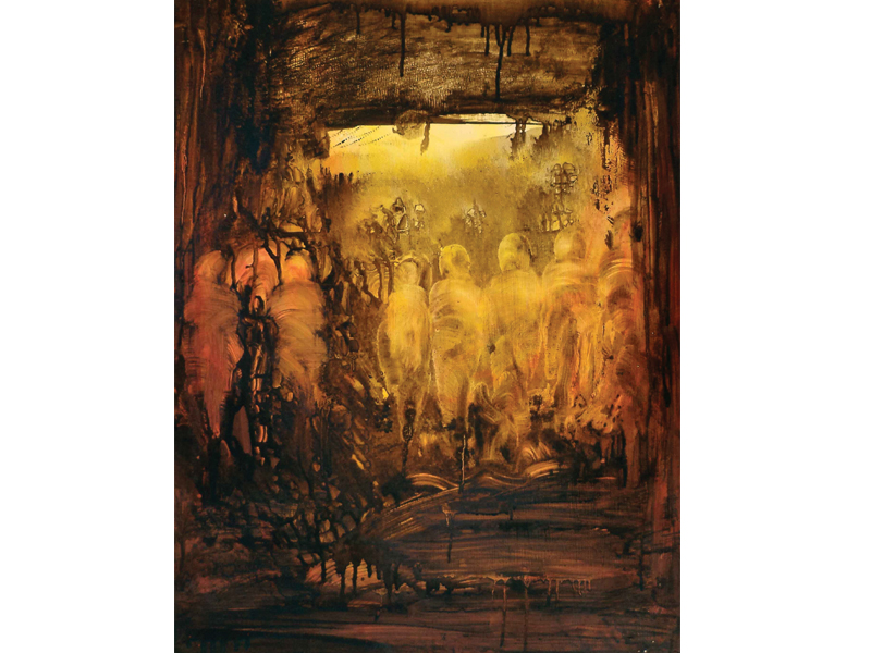 Artist Tahira Noreen uses Chinese coloured scotch tape on canvas to depict her travels to lively cities, such as Istanbul, London, Shanghai (left). Artist Shazia Qureshi makes use of bright colours to paint the chaotic situation of Karachi. PHOTO COURTESY: VM ART GALLERY