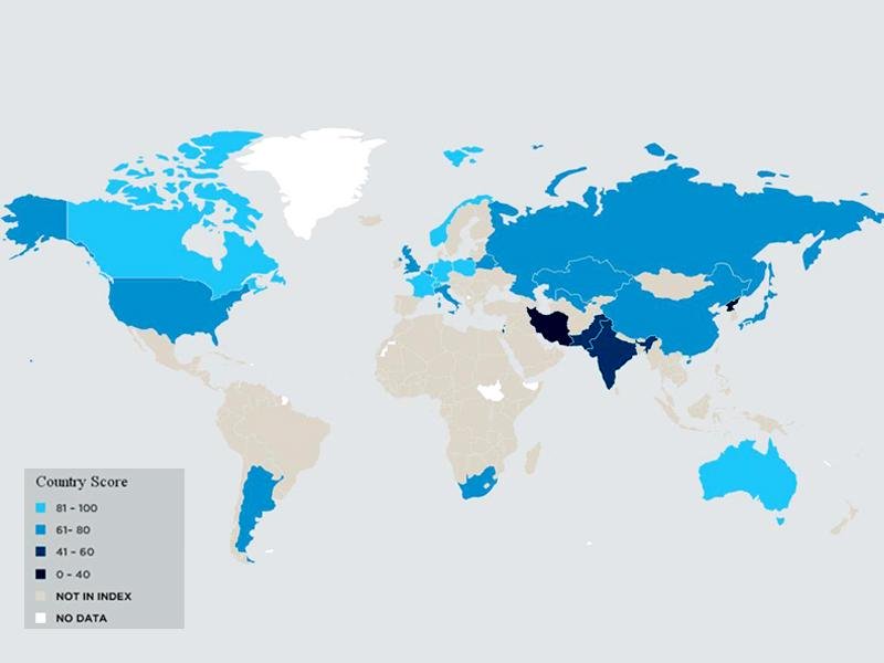 A map depicting the overall score of 25 countries in terms of security of nuclear materials. IMAGE SOURCE: NTIINDEX.ORG