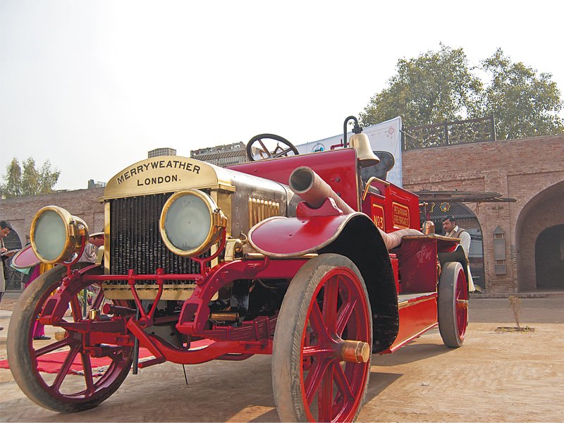 The fire engines, one from 1918 and the other from 1921, are now on display at an event arranged by the provincial tourism corporation, in collaboration with the Frontier Heritage Trust and Sarhad Conservation Council in Gor Gathri. PHOTOS: HALIMA MANSOOR/EXPRESS
