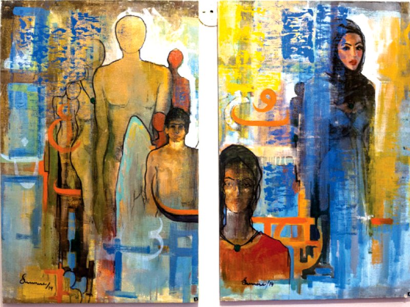 Two paintings depict women struggle (top); poet, painter Aliya Naeem reads from Ismat Chughtai’s “Auratain” while Khalida Baabri and Nageen Hyat looks on. PHOTO: MYRA IQBAL/EXPRESS