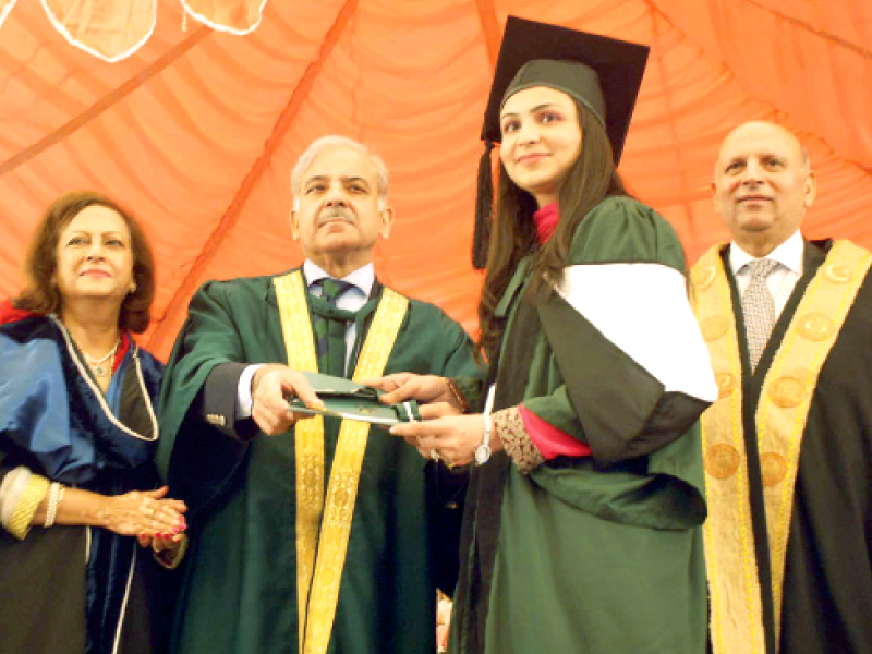 Chief minister Shahbaz Sharif presents a diploma to a Lahore College for Women University graduate while Governor Chaudhary Sarwar looks on. PHOTO: WASEEM NIAZ/ EXPRESS