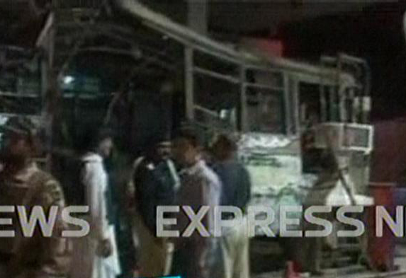 According to Express News correspondent Nadeem Ahmed, the explosion took place due to the sub-standard CNG cylinders used in the bus. PHOTO: screenshot