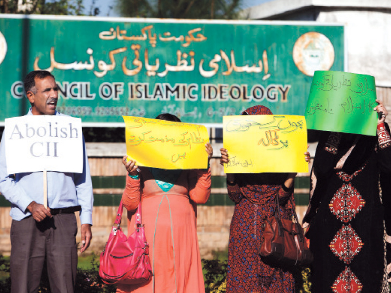 Civil society activists hold protest rally outside Council of Islamic Ideology. PHOTO: EXPRESS