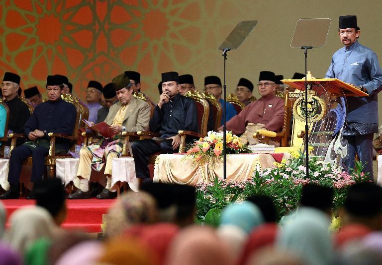 Brunei's Sultan Hassanal Bolkiah delivers a speech during the official ceremony of the implementation of Sharia Law in Bandar Seri Begawan on April 30, 2014. PHOTO: AFP
