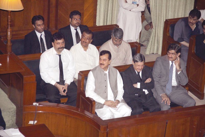 Former Prime Minister and PPP leader Yousuf Raza Gillani attended Tuesday’s assembly session with Farooq Naek. They sat in the Governor’s Gallery for an hour as MPAs greeted the former PM. PHOTO: EXPRESS