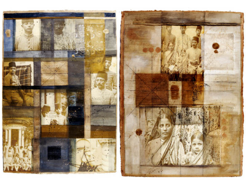Noorjehan Bilgrami’s show at Koel gallery is full of memories from her childhood. She has used old family photos and the molsri tree continually recurs in her works. PHOTO: COURTESY KOEL GALLERY