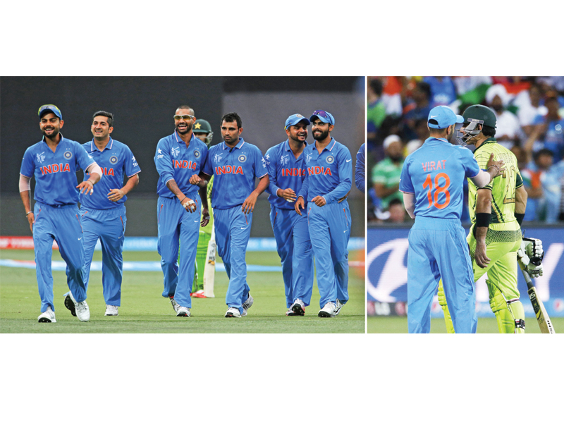 Indian players walk off jubilant after winning their opening match as they try and defend their title, (left), Virat Kohli pats Misbahul haq on the back after the Pakistan skipper made a valiant 76 (right). PHOTOS: REUTERS
