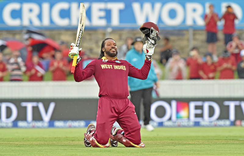 Chris Gayle became the first man to score a World Cup double-century when he made 215 against Zimbabwe. His effort was also the fastest double-century and the first by a non-Indian. PHOTO: AFP