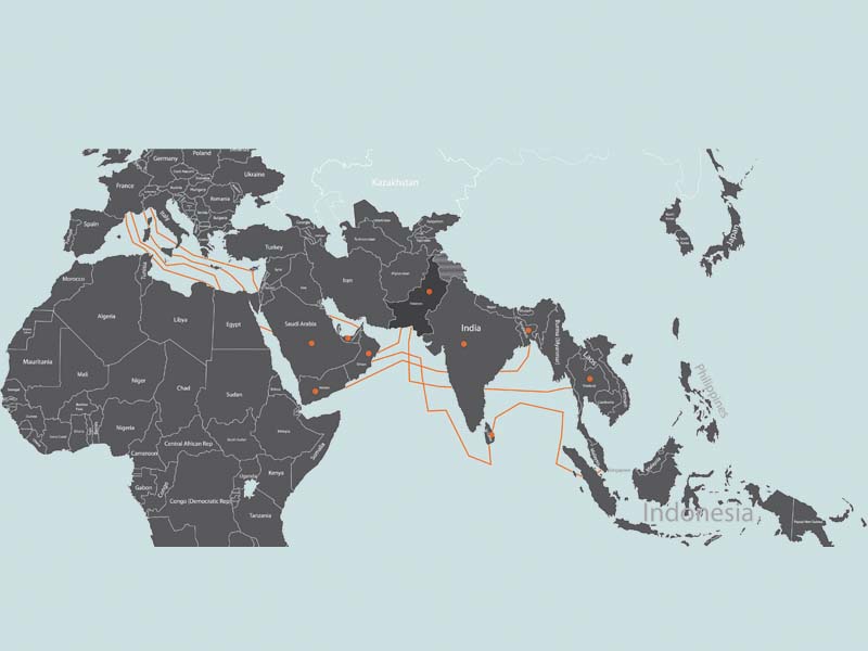 Spread across 20,000 kilometers, the new cable system will connect Singapore to Europe (Italy and France) and traverse Indonesia, Malaysia, Thailand, Myanmar, Bangladesh, Sri Lanka, Pakistan, Oman, UAE, Yemen, Djibouti and Kingdom of Saudi Arabia, according to TWA. DESIGN: OMER ASIM