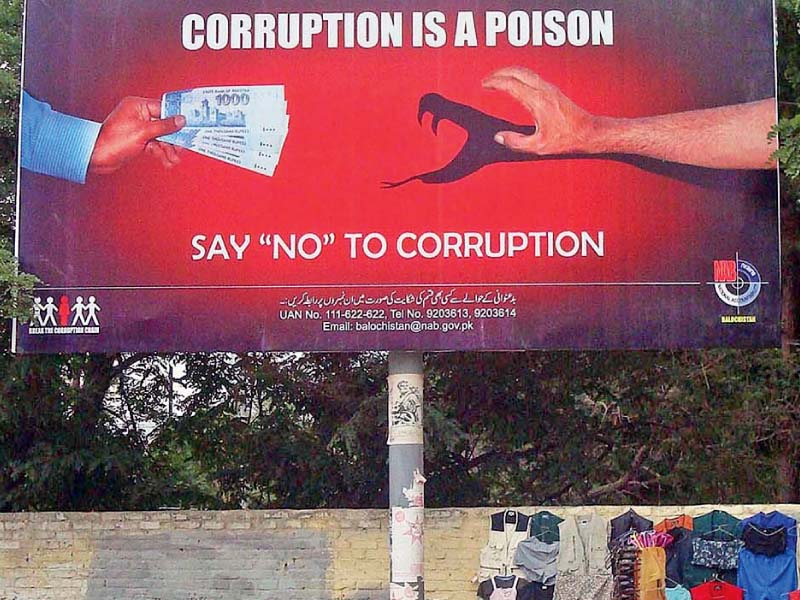 A billboard against corruption set up in Quetta. PHOTO: INP