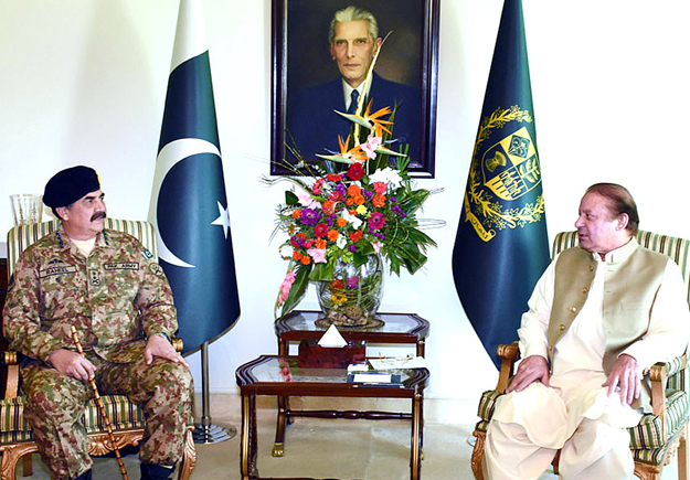 Chief of Army staff General Raheel Sharif called on Prime Minister Nawaz Sharif at PM House. PHOTO: APP