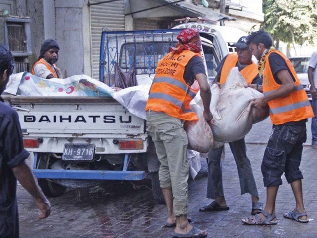KMC workers lift the remains of a sacrificial animal in Karachi. PHOTO: ONLINE