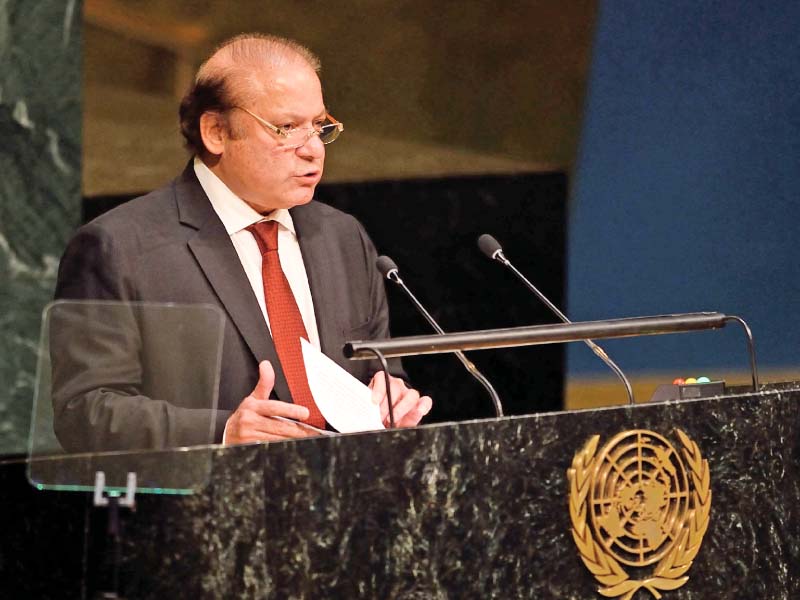 PM Nawaz Sharif addresses the 70th session of the United Nations General Assembly. PHOTO: AFP