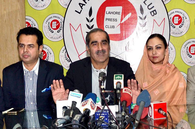 Railways Minister Khwaja Saad Rafique holding a press conference. PHOTO: INP