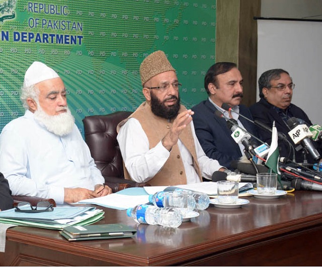 Federal Minister for Religious Affairs and Interfaith Harmony Sardar Muhammad Yousaf addresses a press conference in Islamabad on Thursday. PHOTO: PID