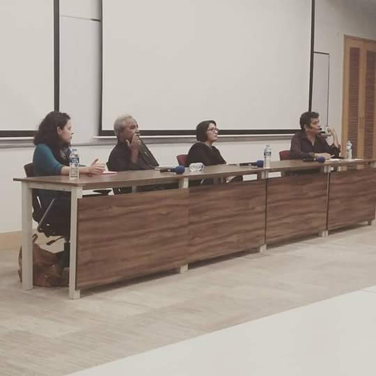The panelists Saher Baloch, Akhter Baloch and Mahim Maher sit alongside the moderator Mohammad Hanif at Habib University on October 17, 2015. PHOTO: TWITTER/@UzairIbrahim_