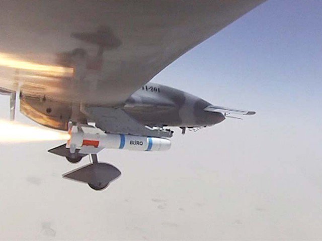 This television screen grab shows UCAV Burraq launching the laser-guided missile Burq.