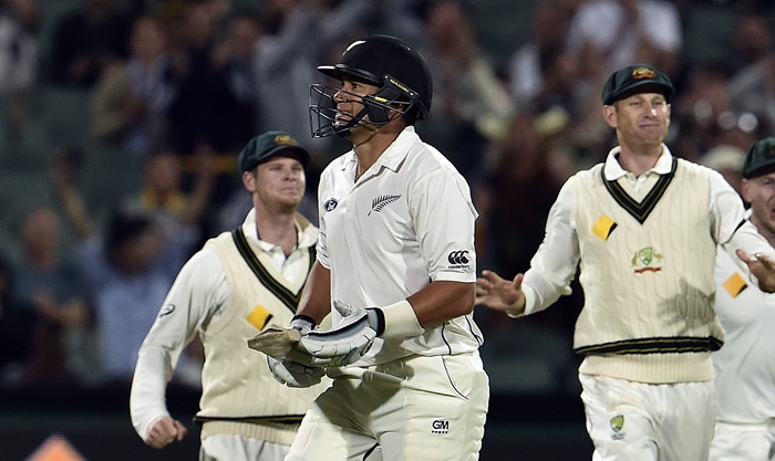 New Zealand's batsman Ross Taylor walks back to the pavilion following his dismissal off Australia's paceman Josh Hazlewood during the second day of the day-night cricket Test match at the Adelaide Oval on November 28, 2015. PHOTO: AFP