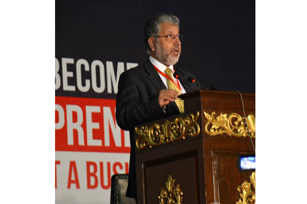 Higher Education Commission Chairman Dr Mukhtar Ahmed addressing the LCL conference. PHOTO: fb.com/NigahOfficial