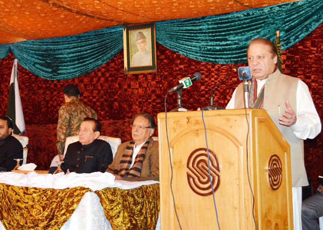 Prime Minister Nawaz Sharif addresses on the occasion of oath taking ceremony of governor Gilgit-Baltistan at the G-B governor house on November 24, 2015. PHOTO: PID