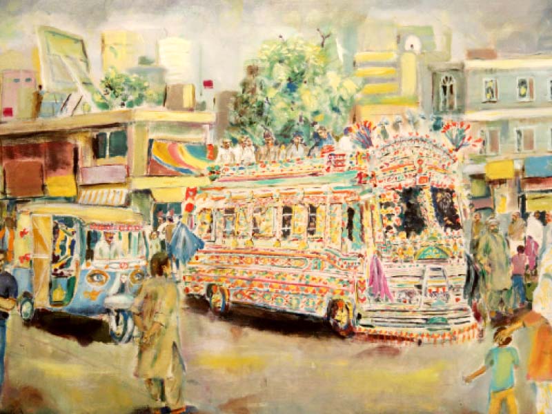 The artist’s paintings exhibited at Alhamra on The Mall. PHOTO: AYESHA MIR/EXPRESS