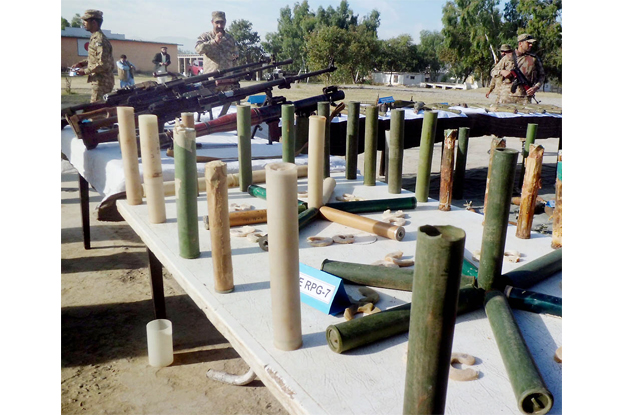 A large cache of weapons was found in Hangu on Friday. PHOTO: NNI