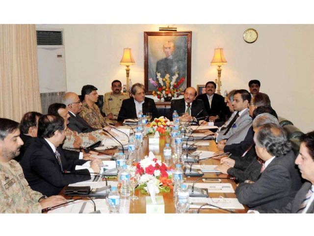 Sindh CM Qaim Ali Shah presides over the apex committee meeting at the CM House. PHOTO: NNI