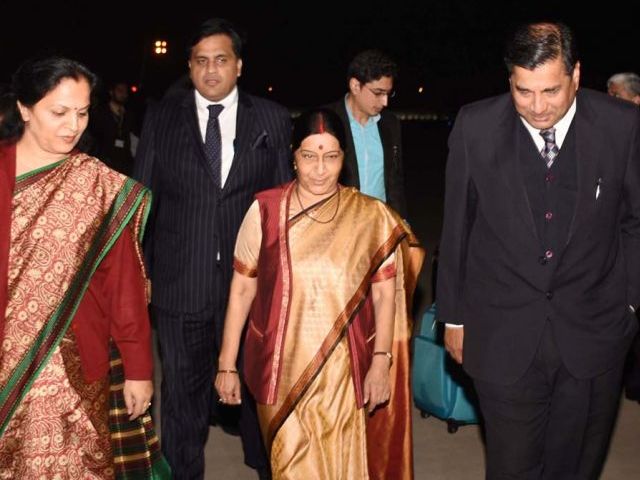 Indian Extrenal Affairs Minister Sushma Swaraj arrives in Islamabad at the Nur Khan Airbase in Islamabad on December 8, 2015. PHOTO: PID