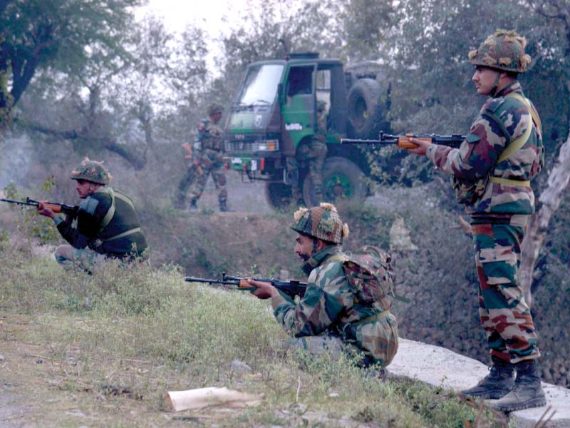 Indian Army troops stand alert near the Pathankot air base during the attack by militants. PHOTO: AFP