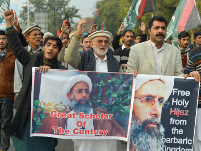 People march during a protest in Islamabad on January 3, 2016, against the execution of prominent Shia cleric Nimr al-Nimr by Saudi authorities. PHOTO: AFP