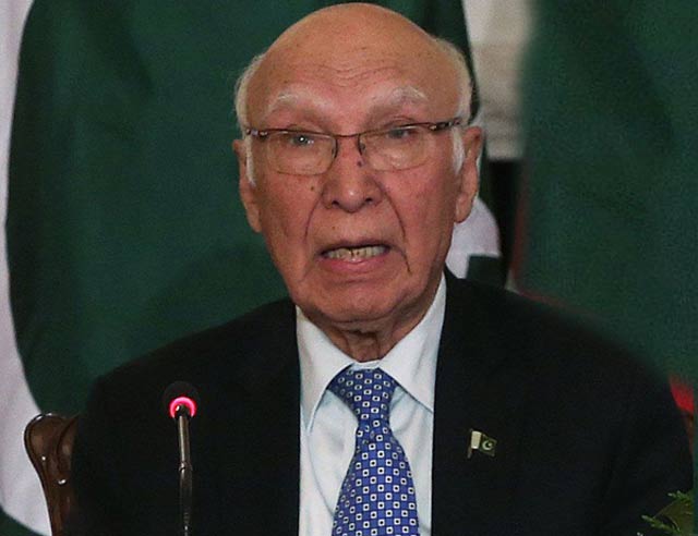 A file photo of Adviser to the Prime Minister on Foreign Affairs Sartaj Aziz. PHOTO: AFP