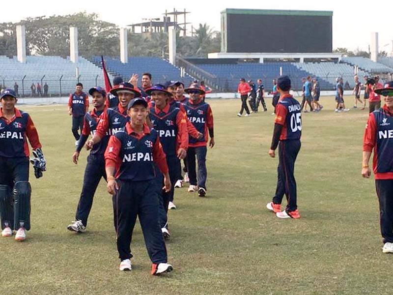 The Nepal camp was all smiles after the win as seamer Dipender Airee’s three wickets and off-spinner Prem Tamang’s two restricted New Zealand to 206 — 32 runs short of the target. PHOTO COURTESY: ICC