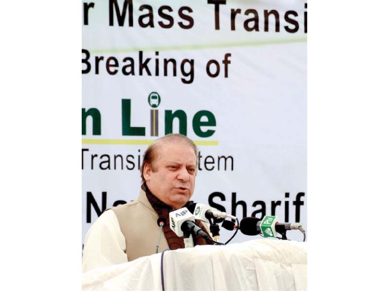 Prime Minister Nawaz Sharif laid down the foundation for the Green Line Bus Rapid Transit at Nazimabad’s Annu Bhai Park on Friday. PHOTO: APP