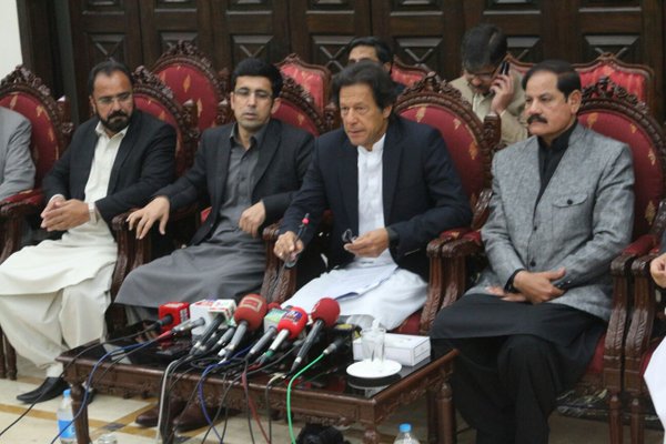 Imran Khan addresses a press conference in Peshawar on February 9, 2015. PHOTO: PTI