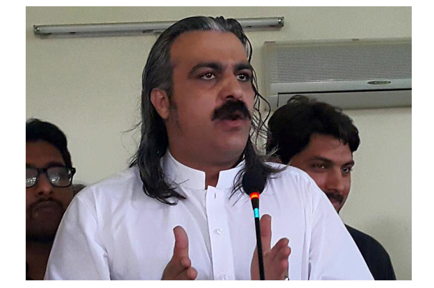 Pakistan Tehreek-e-Insaf member Ali Amin Gandapur addressing the PTI workers convention held at Circuit House in DI Khan. PHOTO: FACEBOOK