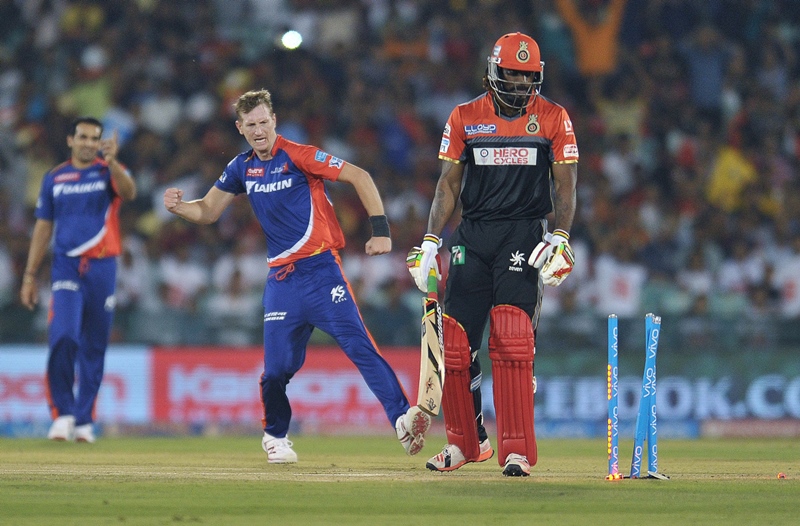 Chris Gayle reacts after being bowled by Chris Morris during 2016 IPL cricket match at Shaheed Veer Narayan Singh International Cricket Stadium in Raipur, India on May 22, 2016. PHOTO: AFP