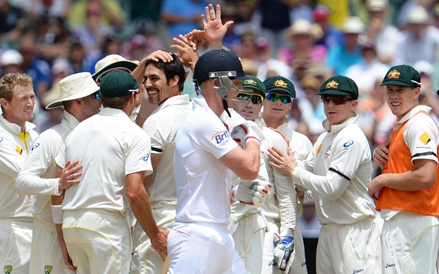 Ben Stokes walks off after being dismissed by Mitchell Johnson on the third day of the second Ashes cricket Test match in Adelaide on December 7, 2013. PHOTO: AFP