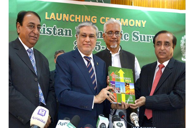 Finance Minister Ishaq Dar showing book of Pakistan Economic Survey 2015-2016. PHOTO: NNI
