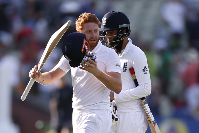Jonny Bairstow (L) and Moeen Ali at the end of the day's play. PHOTO: REUTERS