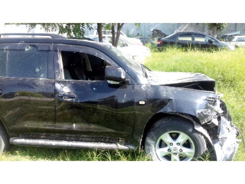 The vehicle, in which Fahad Malik and Tariq Malik were travelling when they were attacked, is parked at the Shalimar Police Station. PHOTO: ARSALAN ALTAF/EXPRESS