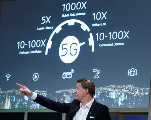 Ericsson's President & CEO Hans Vestberg points during a news conference. PHOTO: REUTERS