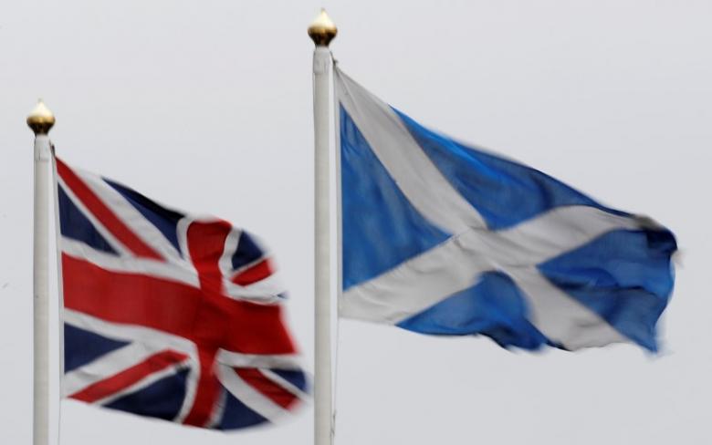 The Union flag and Saltire are seen flying side by side at Bankfoot. PHOTO: REUTERS