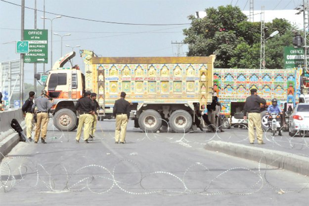 Capital’s administration all set to barricade the red zone today. PHOTO: EXPRESS