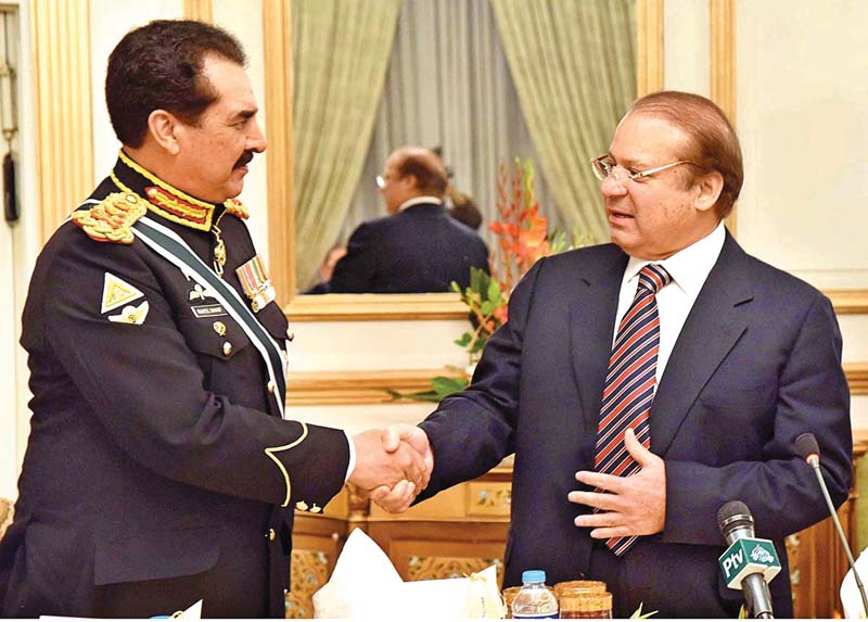 PM Nawaz greets outgoing army chief Gen Raheel at the latter’s farewell reception. PHOTO: INP